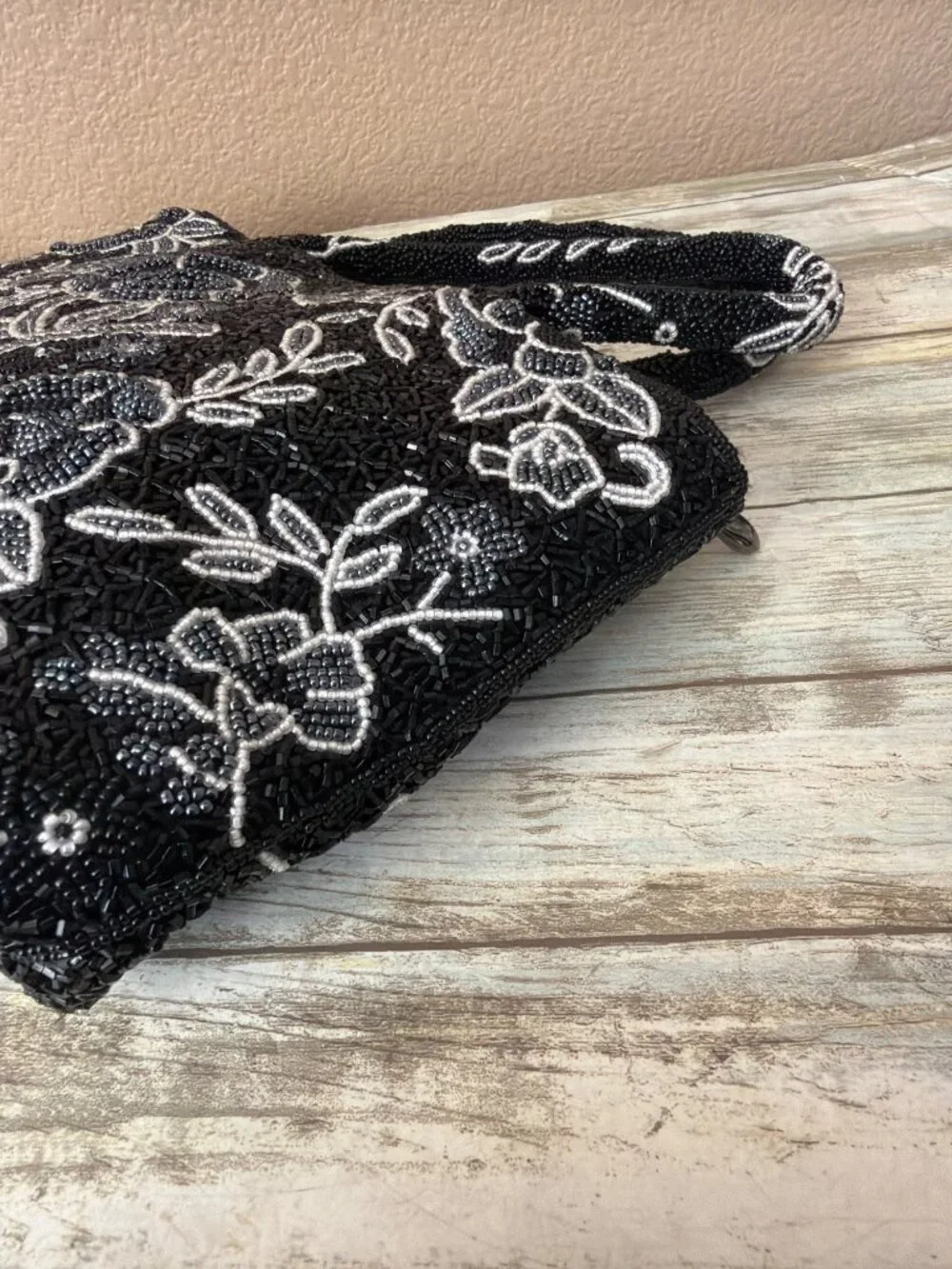 Vintage Black White Beaded Floral Evening Bag Top Handle Cocktail Purse - Picture 13 of 13